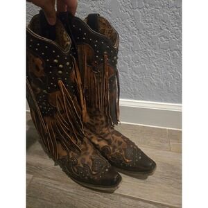 Corral Leopard Print Fringe Studded Western Boots Brown Leather Womens 9.5M